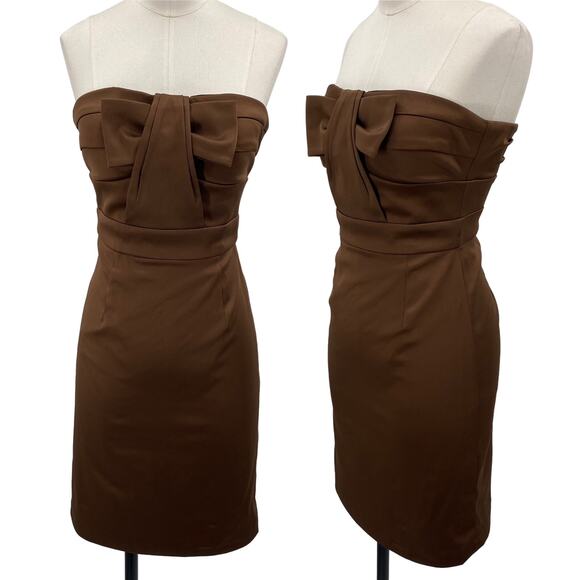 Vintage Y2k BCBG Mini Dress Strapless Bow Bodice Bodycon Twill Brown Womens 0 - Picture 1 of 7